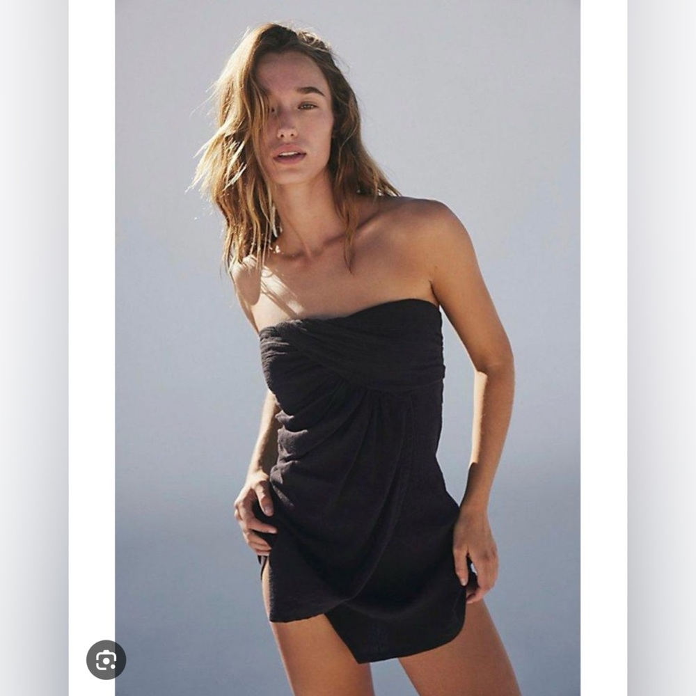 Free People Boogie Down Mini Linen Dress Womens Size XL Black Tie Back Strapless